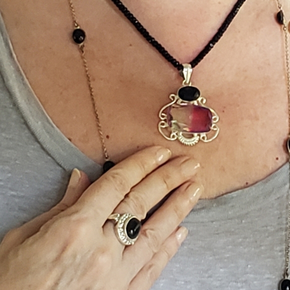 Necklace tourmaline pendant, silver, onyx strand. - Picture 8 of 8